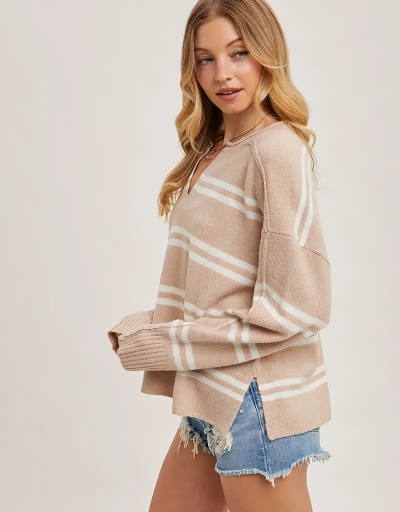 509 Broadway Notch Neck Striped Knit Sweater