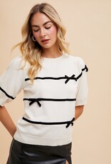 509 Broadway Striped Bow Detail Puff Sleeve Sweater