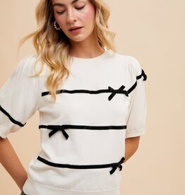 509 Broadway Striped Bow Detail Puff Sleeve Sweater