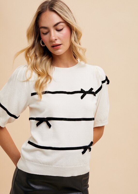 509 Broadway Striped Bow Detail Puff Sleeve Sweater