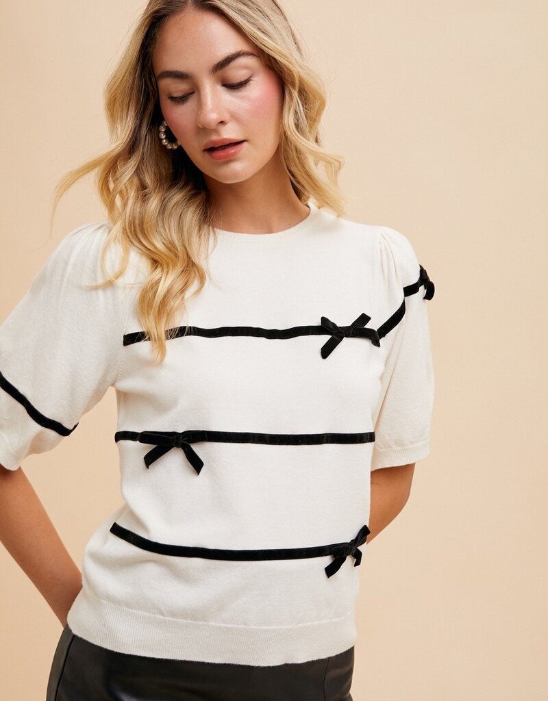 509 Broadway Striped Bow Detail Puff Sleeve Sweater