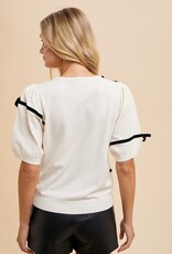 509 Broadway Striped Bow Detail Puff Sleeve Sweater