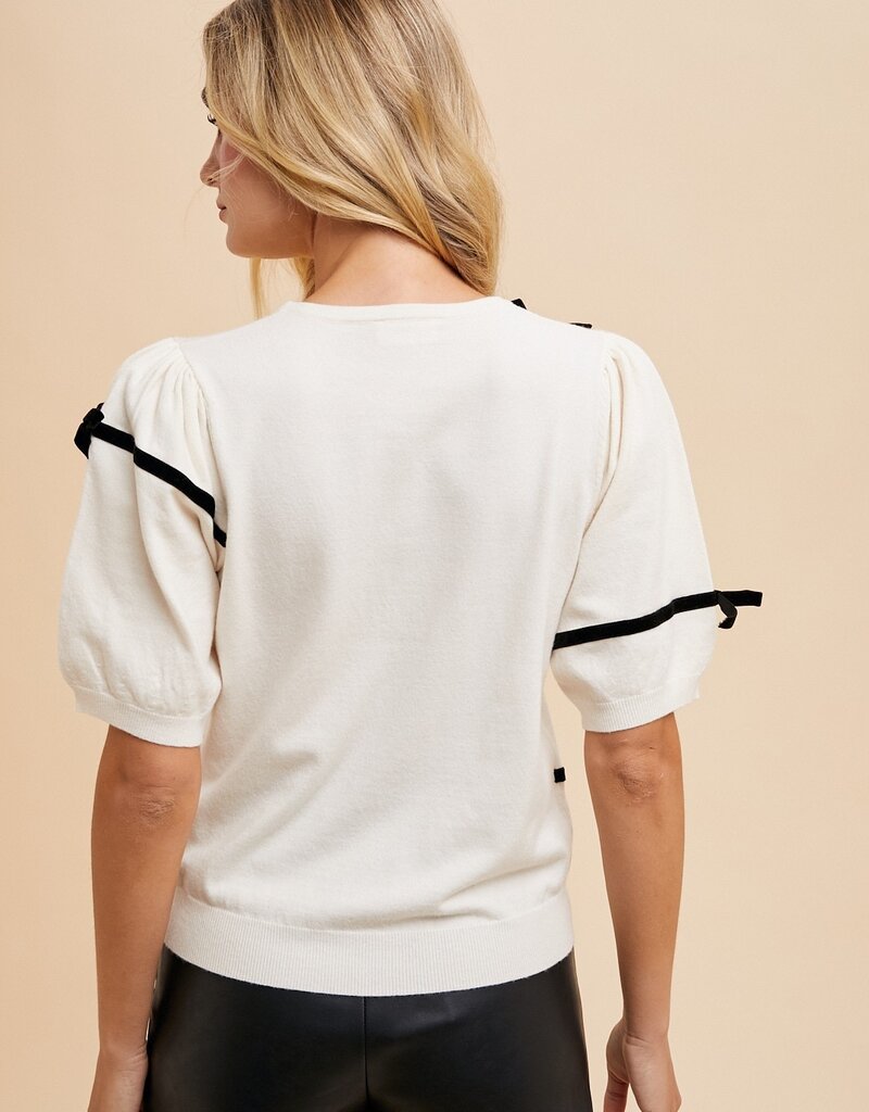 509 Broadway Striped Bow Detail Puff Sleeve Sweater