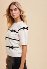 509 Broadway Striped Bow Detail Puff Sleeve Sweater
