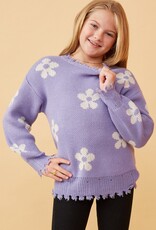 509 Broadway Girls Distressed Floral Patterned Pullover Sweater