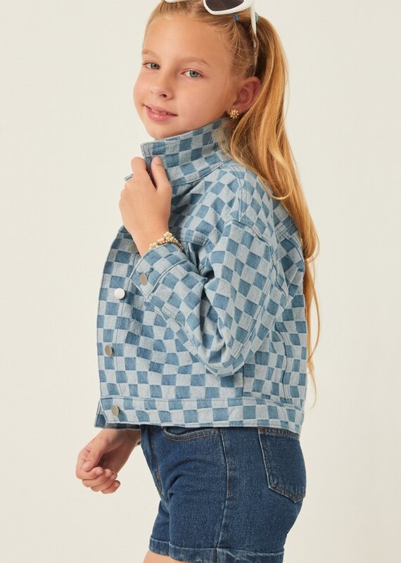 509 Broadway Girls Checker Relax Fit Denim Jacket