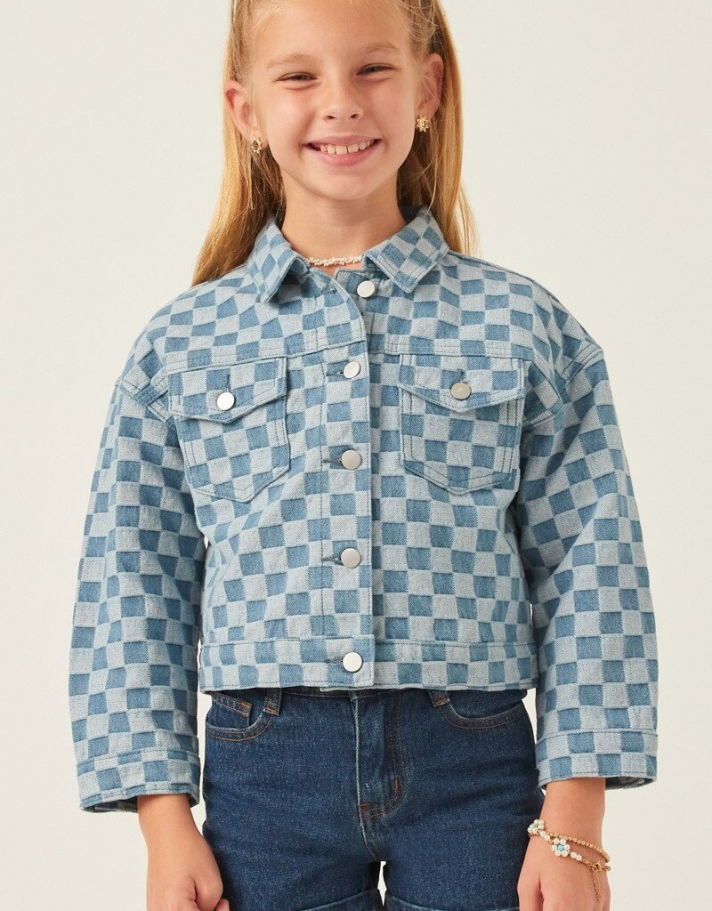 509 Broadway Girls Checker Relax Fit Denim Jacket
