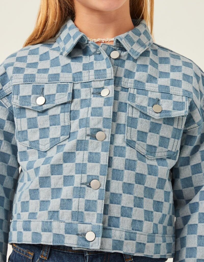 509 Broadway Girls Checker Relax Fit Denim Jacket