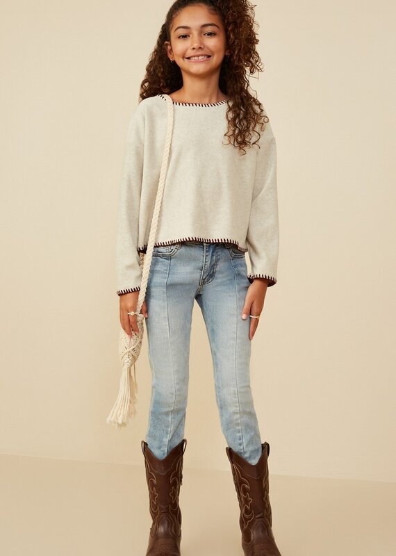 509 Broadway Girls Brushed Contrast Stitch Long Sleeve Knit