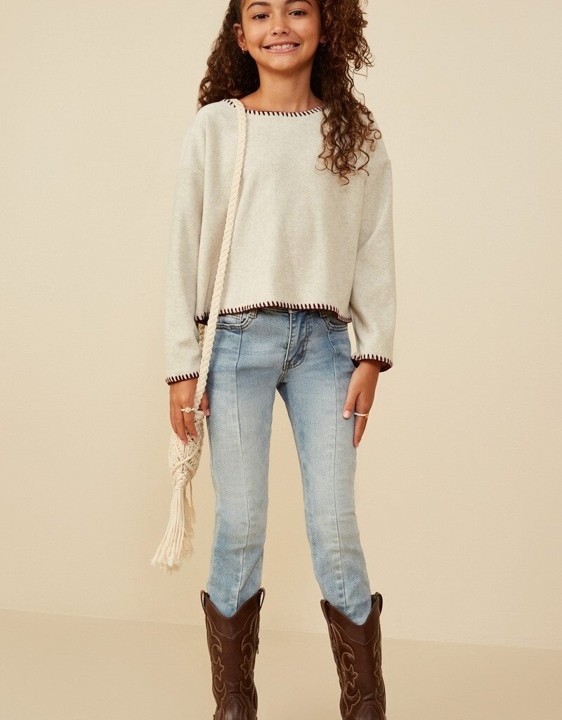 509 Broadway Girls Brushed Contrast Stitch Long Sleeve Knit