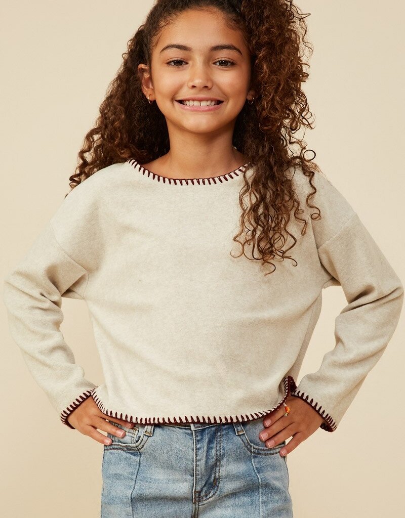 509 Broadway Girls Brushed Contrast Stitch Long Sleeve Knit
