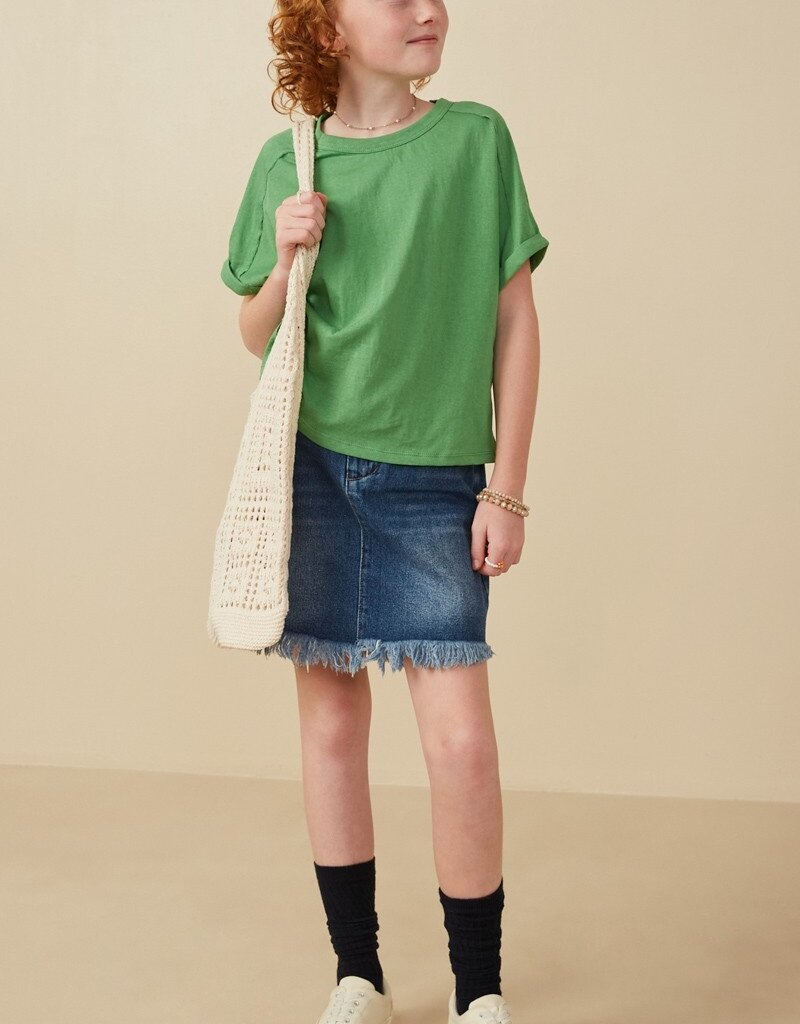 509 Broadway Girls Raw Edge Detail Triblend Knit Dolman Tee