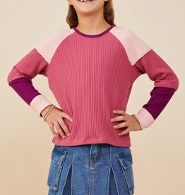 509 Broadway Girls Color Block Ribbed Knit Long Sleeve Top
