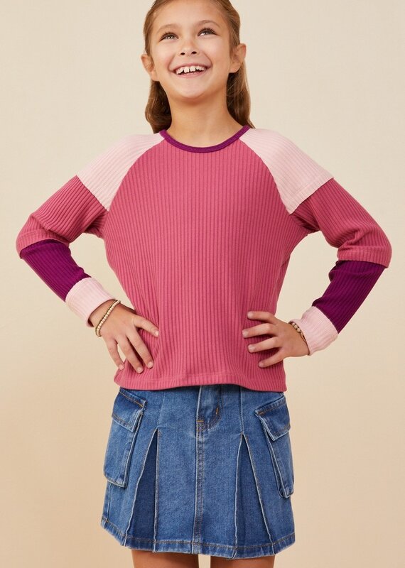 509 Broadway Girls Color Block Ribbed Knit Long Sleeve Top