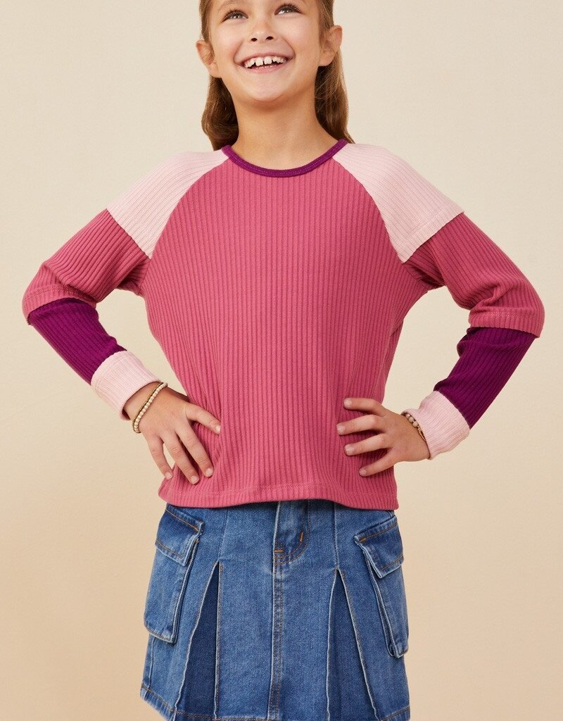 509 Broadway Girls Color Block Ribbed Knit Long Sleeve Top