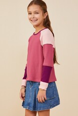 509 Broadway Girls Color Block Ribbed Knit Long Sleeve Top