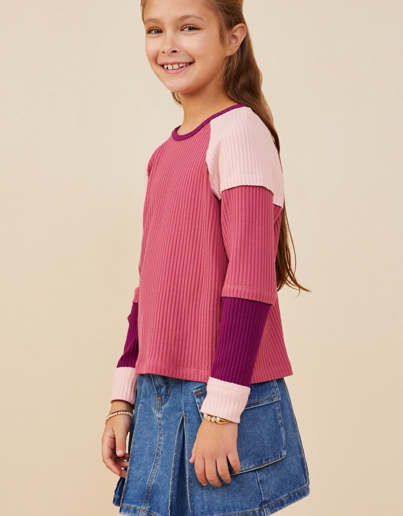 509 Broadway Girls Color Block Ribbed Knit Long Sleeve Top