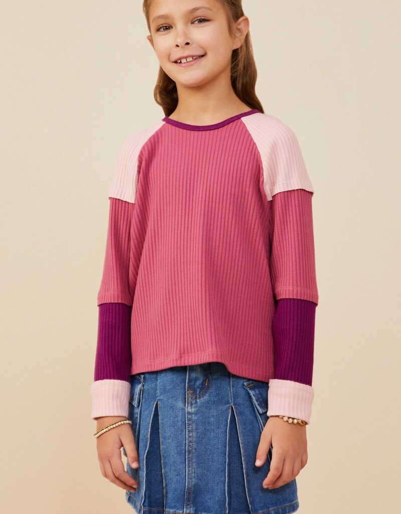 509 Broadway Girls Color Block Ribbed Knit Long Sleeve Top