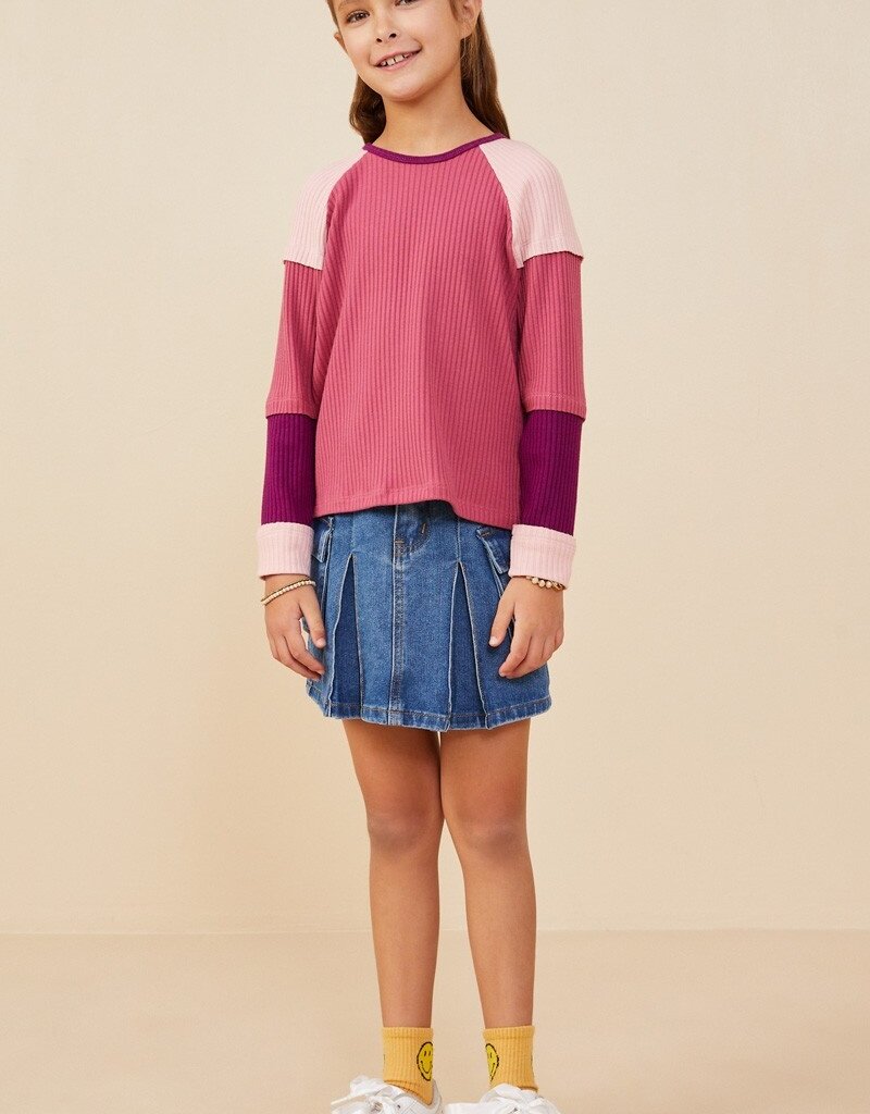509 Broadway Girls Color Block Ribbed Knit Long Sleeve Top