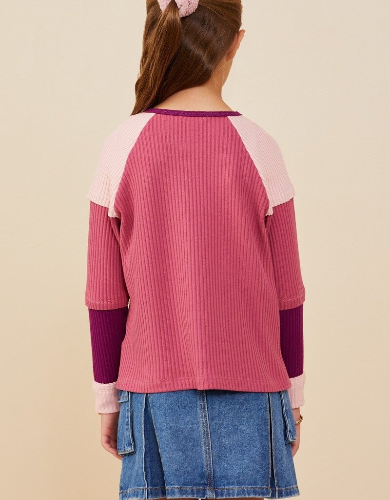 509 Broadway Girls Color Block Ribbed Knit Long Sleeve Top