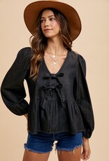 509 Broadway Denim Tie Front Peplum Blouse