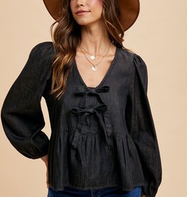 509 Broadway Denim Tie Front Peplum Blouse