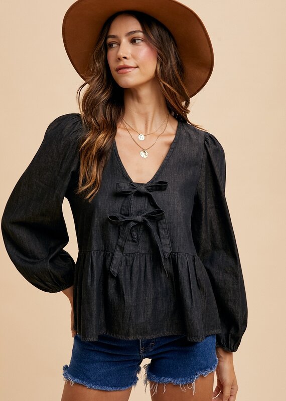 509 Broadway Denim Tie Front Peplum Blouse
