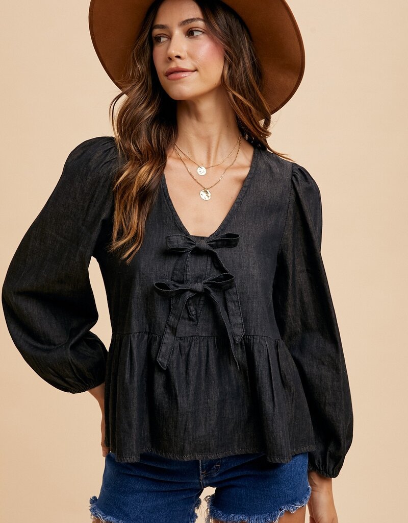 509 Broadway Denim Tie Front Peplum Blouse
