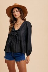 509 Broadway Denim Tie Front Peplum Blouse