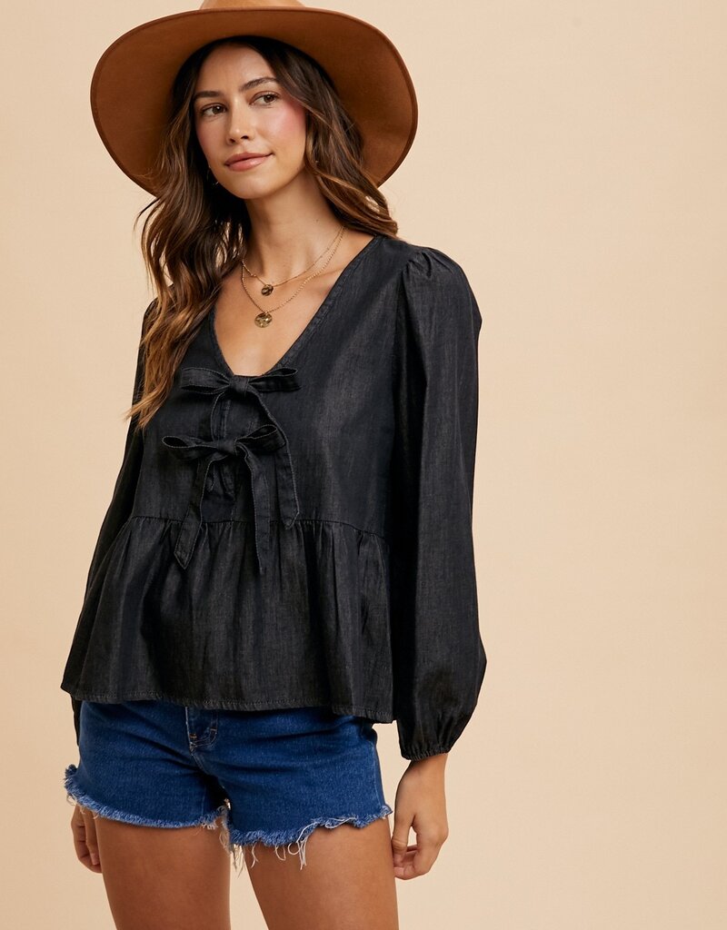 509 Broadway Denim Tie Front Peplum Blouse