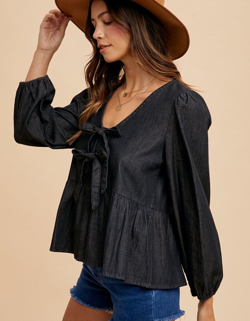 509 Broadway Denim Tie Front Peplum Blouse