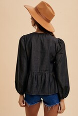 509 Broadway Denim Tie Front Peplum Blouse