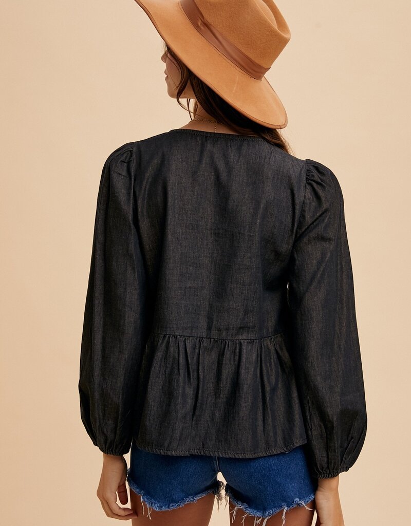 509 Broadway Denim Tie Front Peplum Blouse