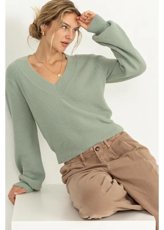 509 Broadway V-Neck Fuzzy Cropped Sweater