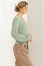 509 Broadway V-Neck Fuzzy Cropped Sweater
