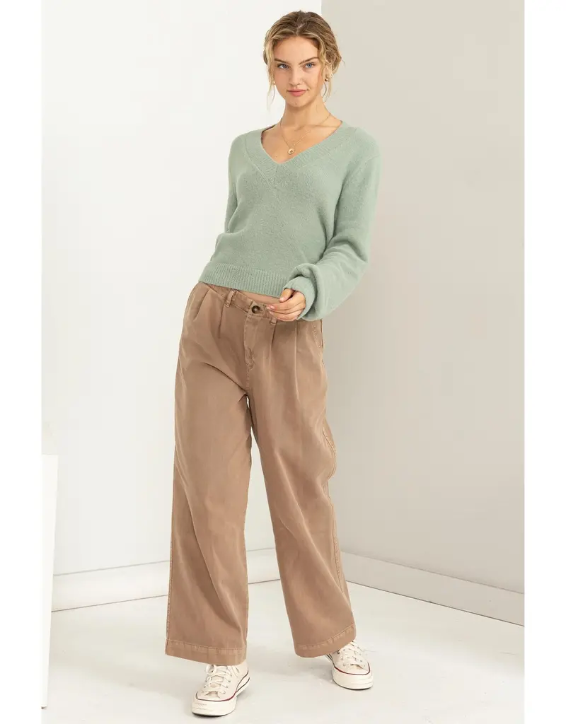 509 Broadway V-Neck Fuzzy Cropped Sweater