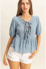509 Broadway Puff Sleeve Ribbon Tie Peplum Blouse