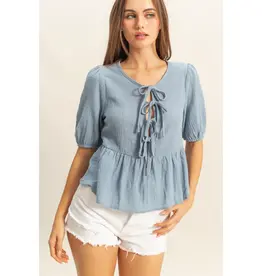 509 Broadway Puff Sleeve Ribbon Tie Peplum Blouse