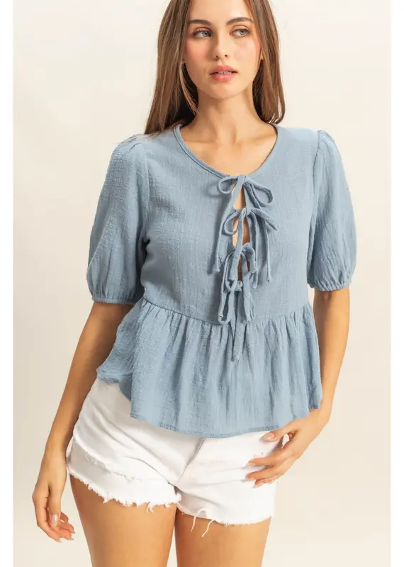 509 Broadway Puff Sleeve Ribbon Tie Peplum Blouse