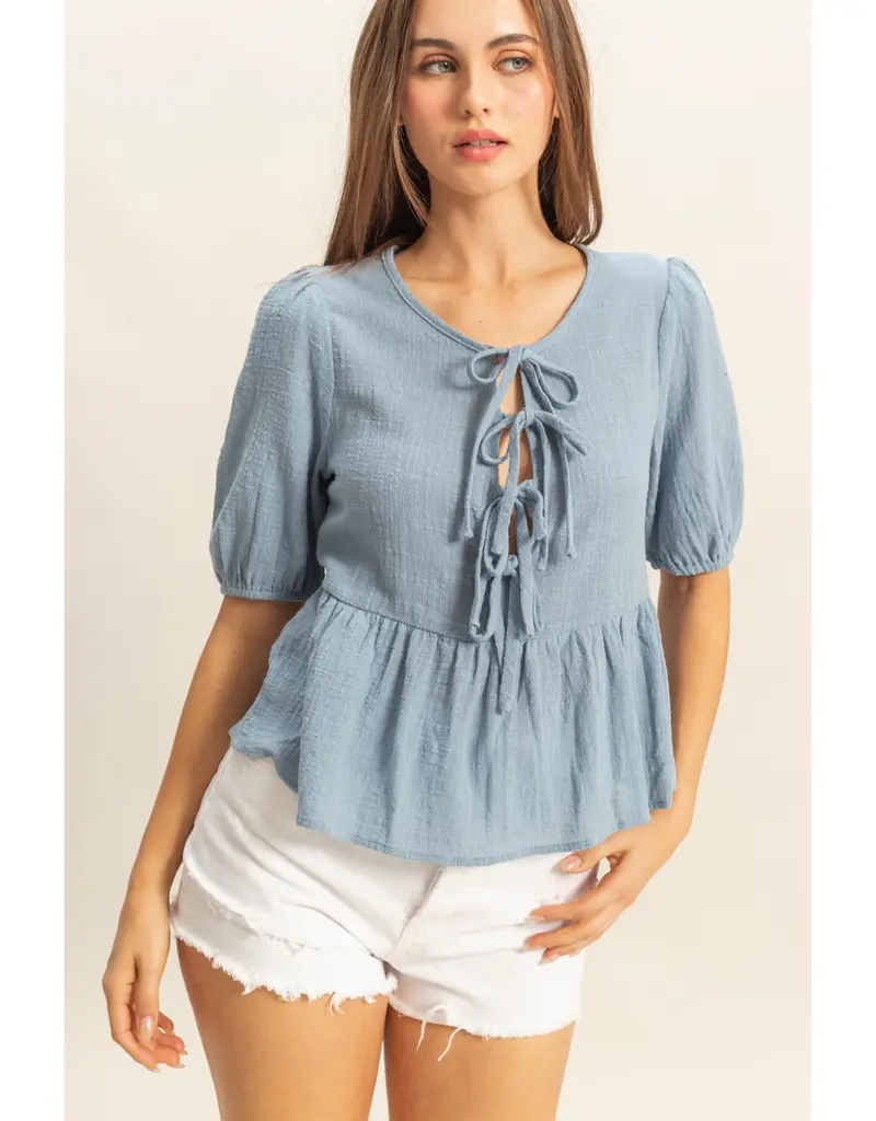 509 Broadway Puff Sleeve Ribbon Tie Peplum Blouse