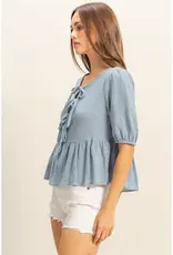 509 Broadway Puff Sleeve Ribbon Tie Peplum Blouse
