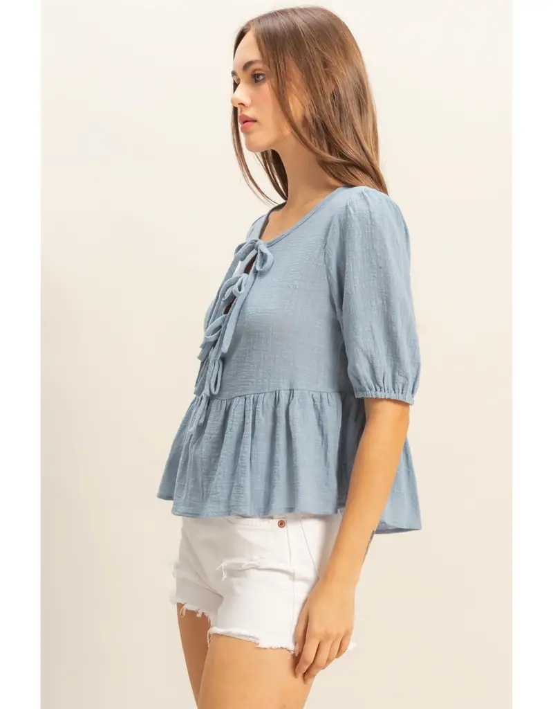 509 Broadway Puff Sleeve Ribbon Tie Peplum Blouse