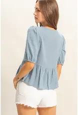 509 Broadway Puff Sleeve Ribbon Tie Peplum Blouse