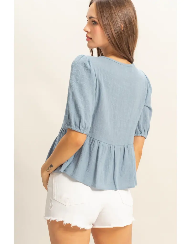 509 Broadway Puff Sleeve Ribbon Tie Peplum Blouse