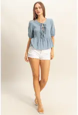 509 Broadway Puff Sleeve Ribbon Tie Peplum Blouse