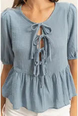 509 Broadway Puff Sleeve Ribbon Tie Peplum Blouse