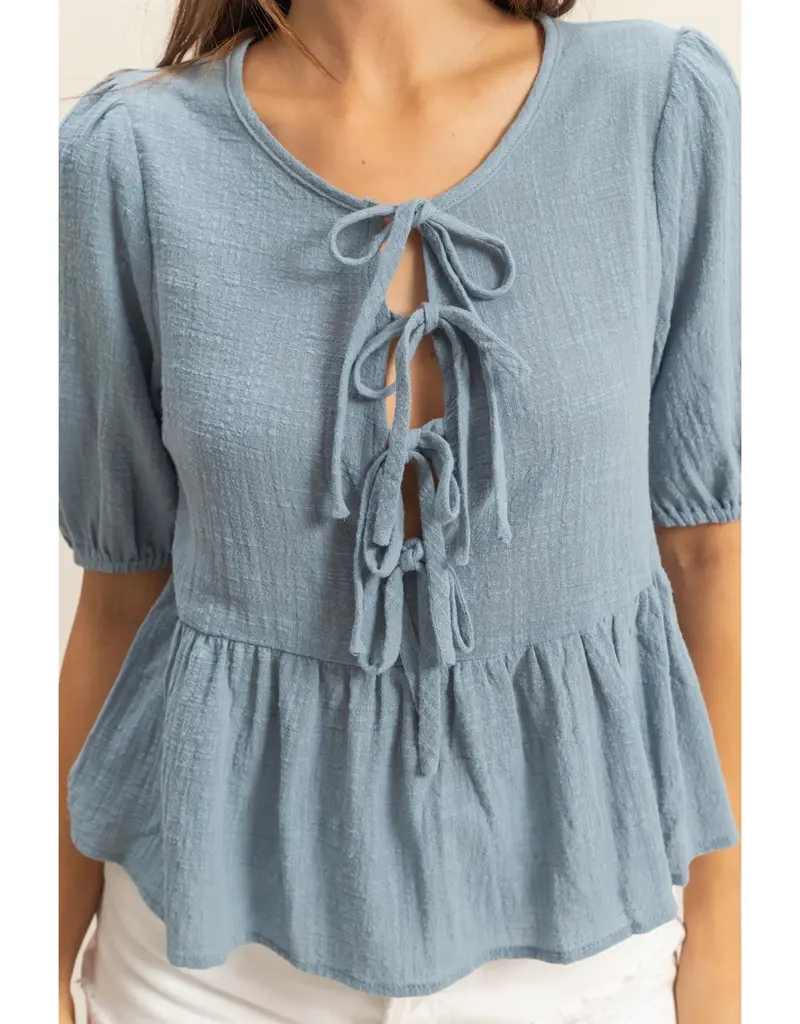509 Broadway Puff Sleeve Ribbon Tie Peplum Blouse