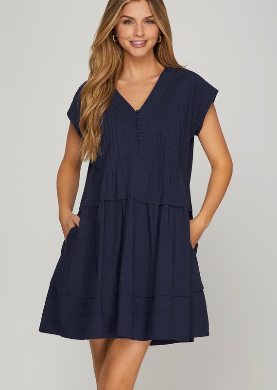 509 Broadway Drop Shoulder Pink-tuck Mini Dress