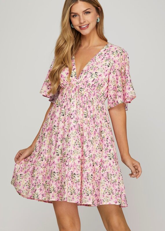509 Broadway Flutter Sleeve Plunge Neck Mini Dress