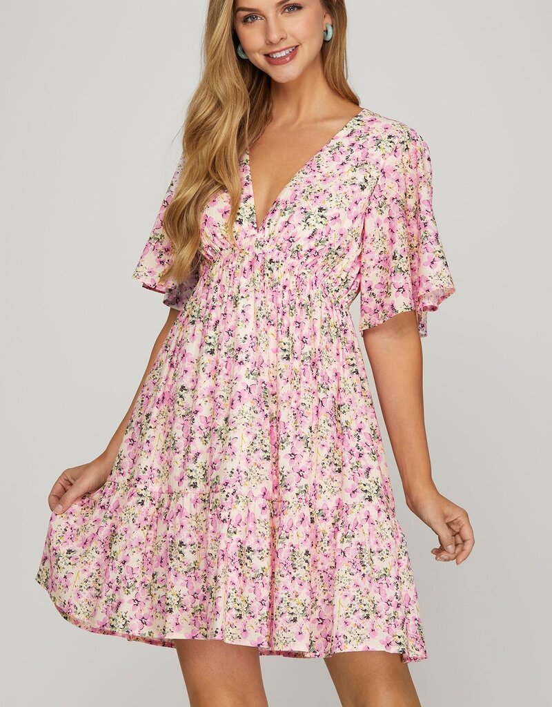 509 Broadway Flutter Sleeve Plunge Neck Mini Dress